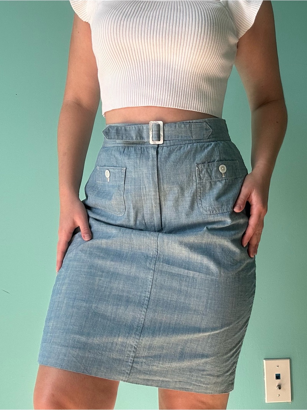 Ralph Lauren Light Blue Denim Pencil Skirt with Waist Belt